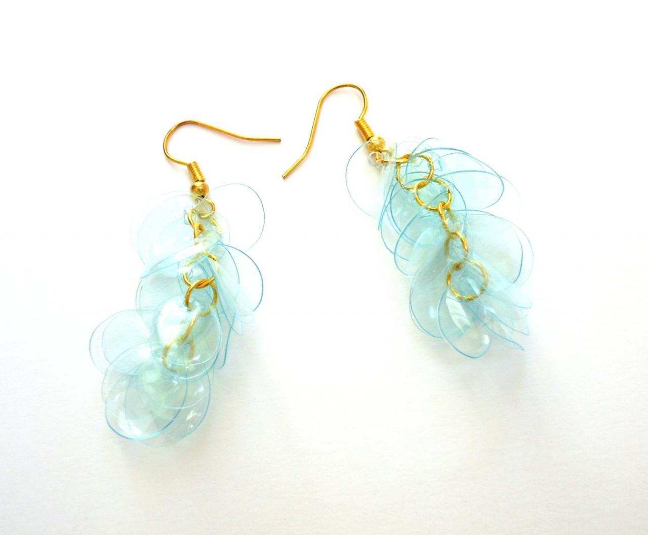 Mint Green And Gold Earrings Made Of Recycled Plastic Bottles, Upcycled Jewelry, Ecofriendly, Repurposed Plastic