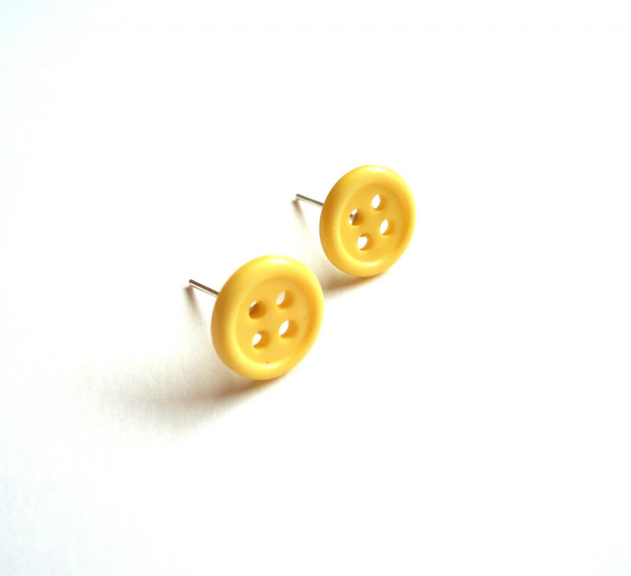 Yellow Post Earrings Made Of Repurposed Buttons - Upcycled Recycled Jewelry, Ecofriendly, Minimalist, Kitsch