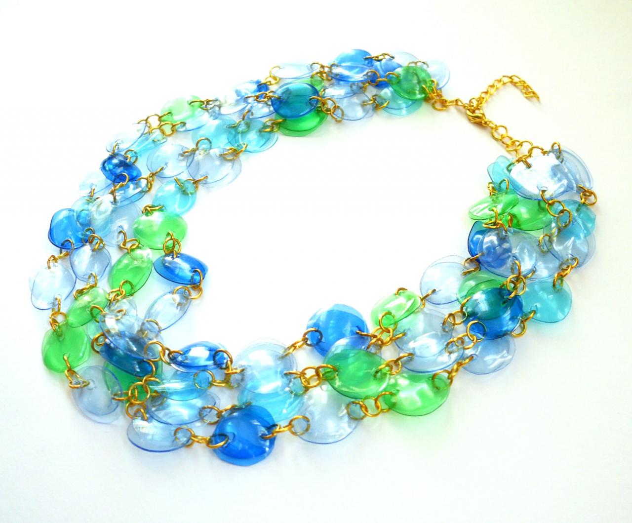 Statement Necklace Handmade Of Recycled Plastic Bottles In Blue & Green, Upcycled Jewelry, Colorful Designer Necklace, Eco Friendly