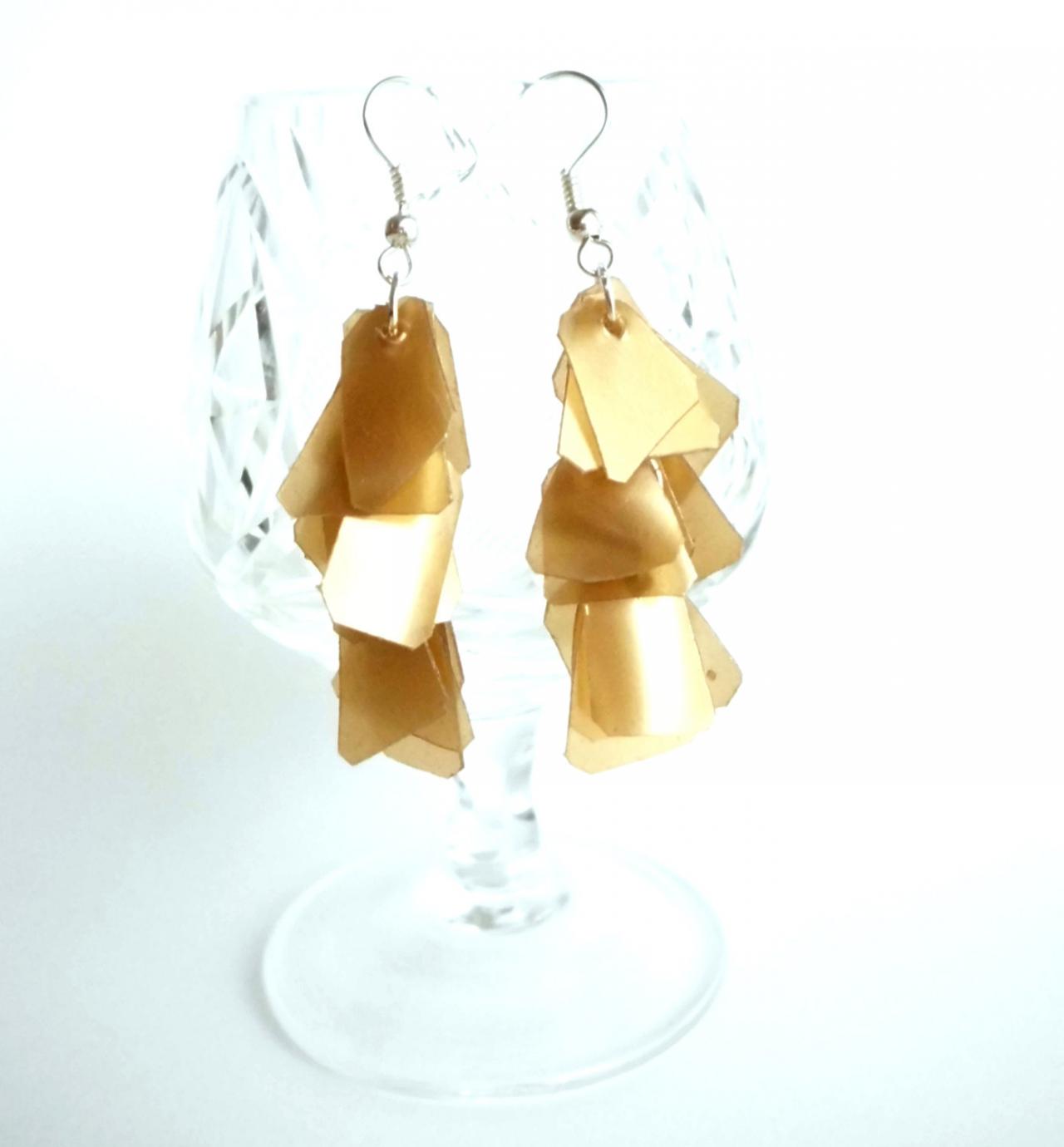 Golden Brown Earrings Handmade Of Recycled Plastic Bottle, Upcycled Jewelry, Ecofriendly, Long Repurposed Earrings