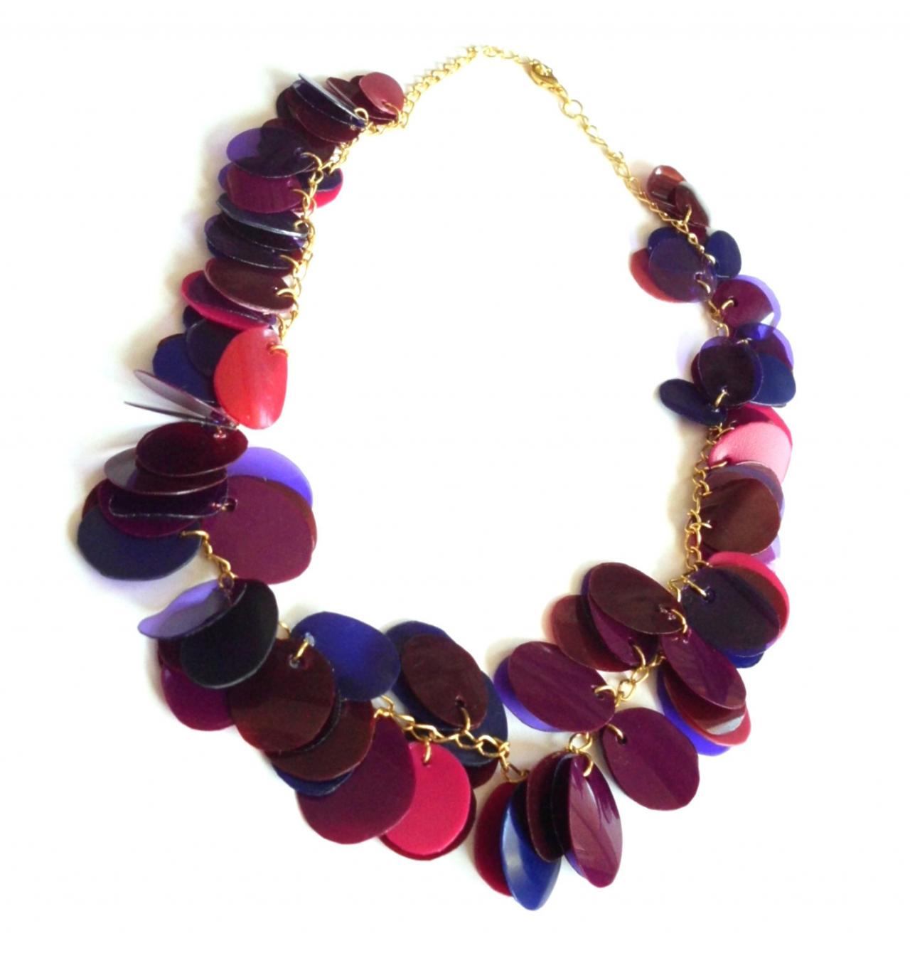 Statement Necklace Handmade Of Recycled Plastic Bottles In Red, Purple & Blue, Eco Friendly Upcycled Jewelry