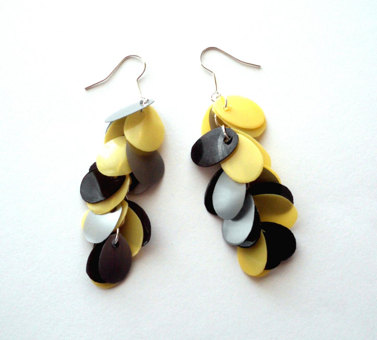 Upcycled Jewelry Handmade Long Earrings From Recycled Plastic Bottles Yellow Black & Grey