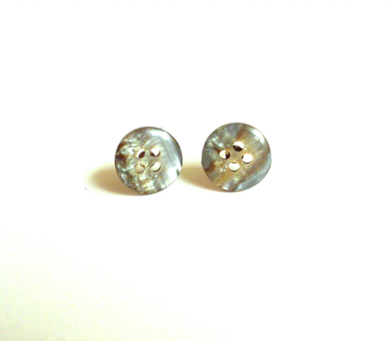 Eco-friendly Recycled Buttons Post Earrings, Upcycled Jewelry, Studs Earrings Made Of Repurposed Iridescent Buttons