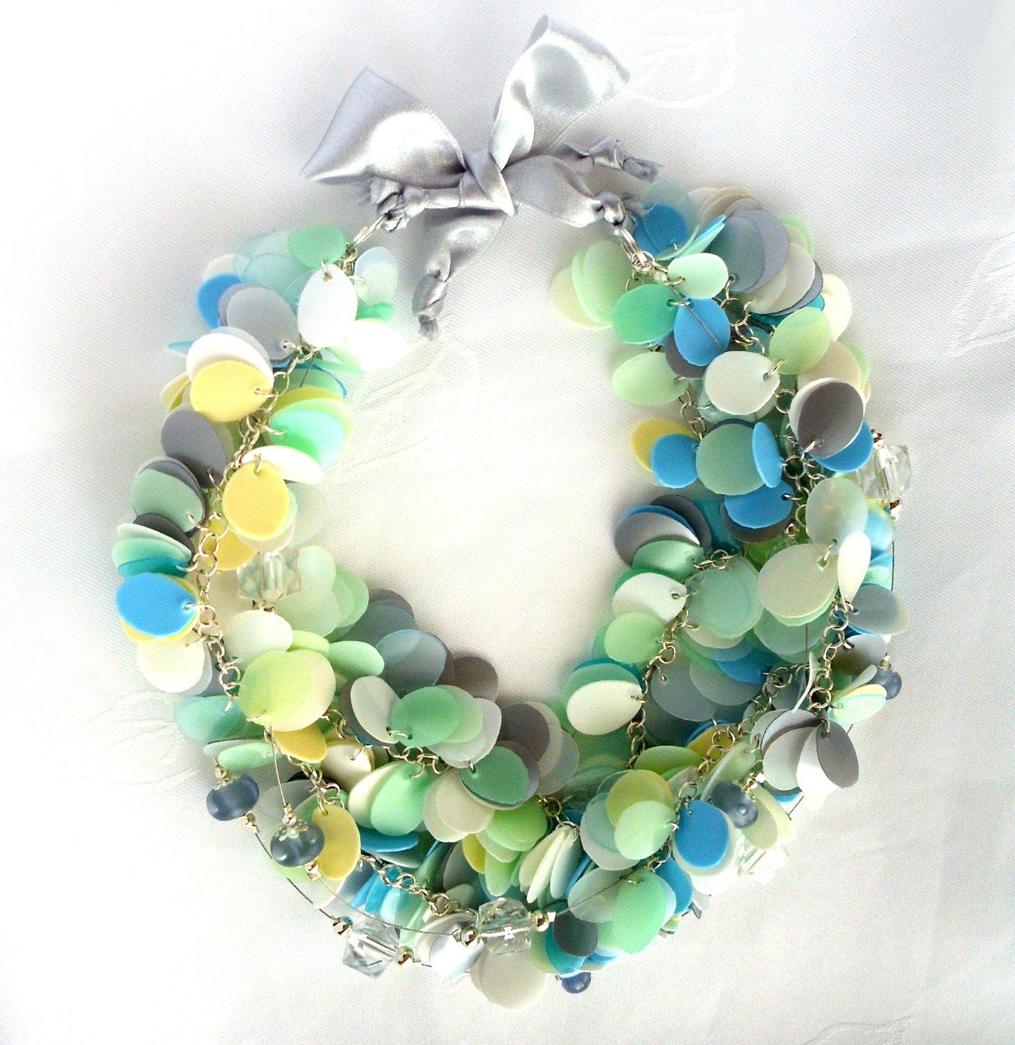 Blue Green White Pastel Statement Necklace Made Of